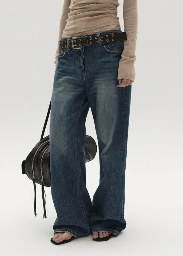 BLUE WIDE-LEG WASHED DENIM (DARK BLUE)