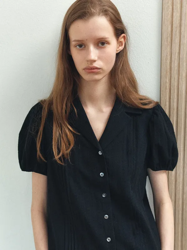 TIS PINTUCK OPEN COLLAR SHIRTS_BLACK