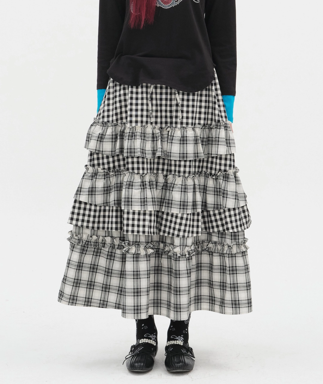 타입서비스 [2차] Voluminous Check Tier Skirt [Black] 상품 이미지 2