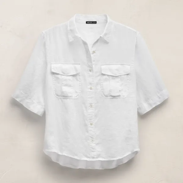 Linen Short Sleeve Utility Shirt - White