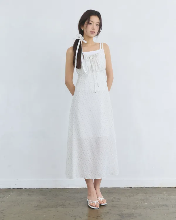 Vintage pattern shirring ribbon dress - white