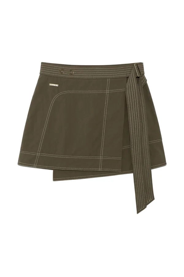 STITCH POINT BELTED WRAP SKIRT IN KHAKI