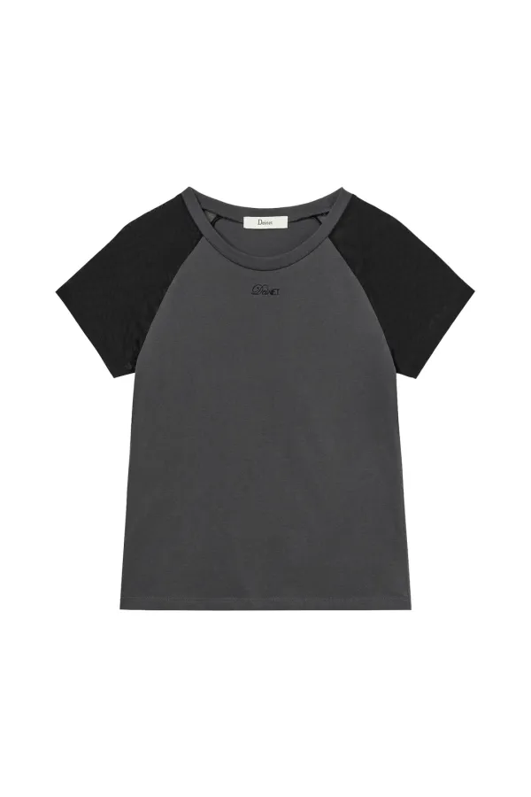MESH CONTRAST RAGLAN T-SHIRT IN CHARCOAL
