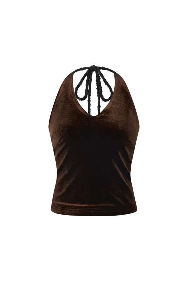VELOUR HALTER TANK TOP (DARK BROWN)