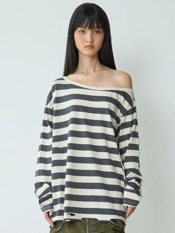 One Shoulder Distressed T-Shirt [Stripe Charcoal]