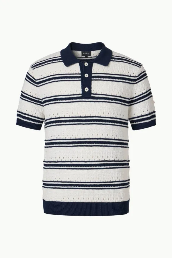 Men\'s Striped Crochet Polo Knit Top, Navy