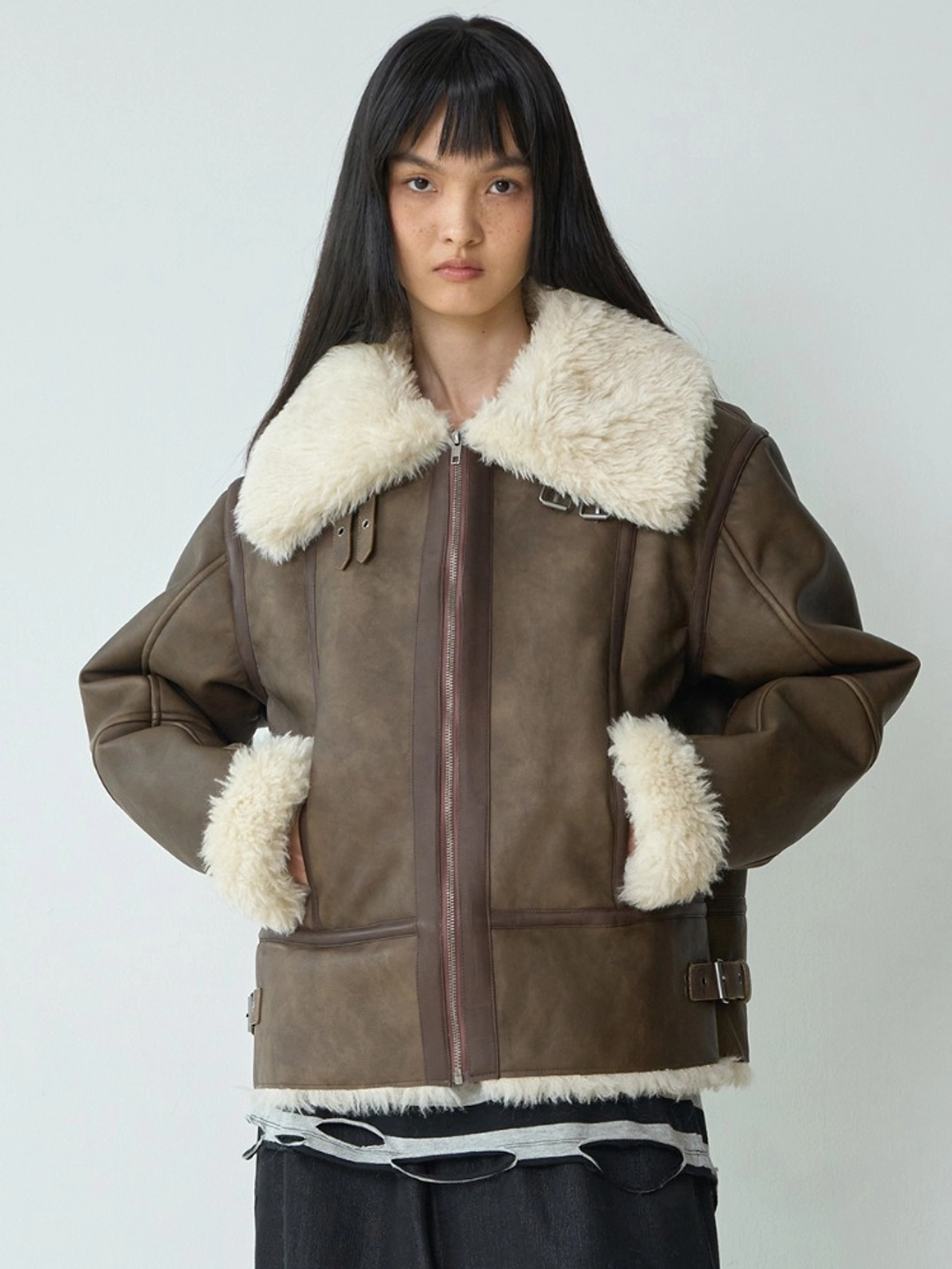 밀로 우먼 Fluffy Fur Shearling Jacket [Brown] 상품 이미지 1