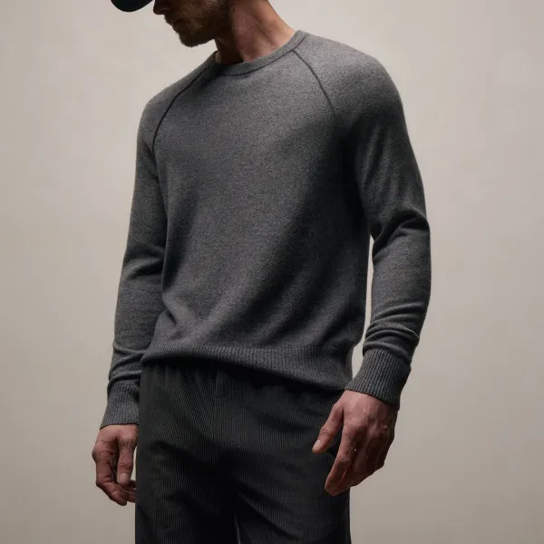 Italian Spun Cashmere Raglan Piped Crew - Mid Grey/Anthracite
