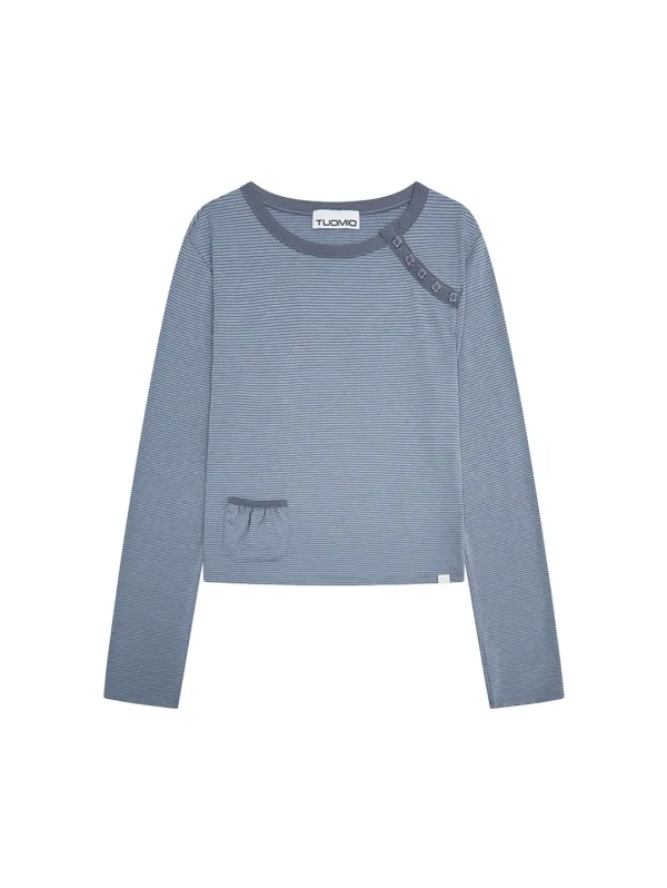 STRIPE BUTTON POCKET LONG SLEEVE [DUSTY BLUE]