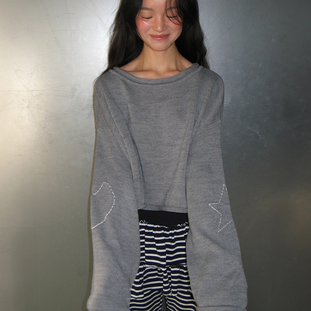 론론 HEART STAR HAND STITCH OVERFIT CROP KNIT GREY 상품 이미지 2