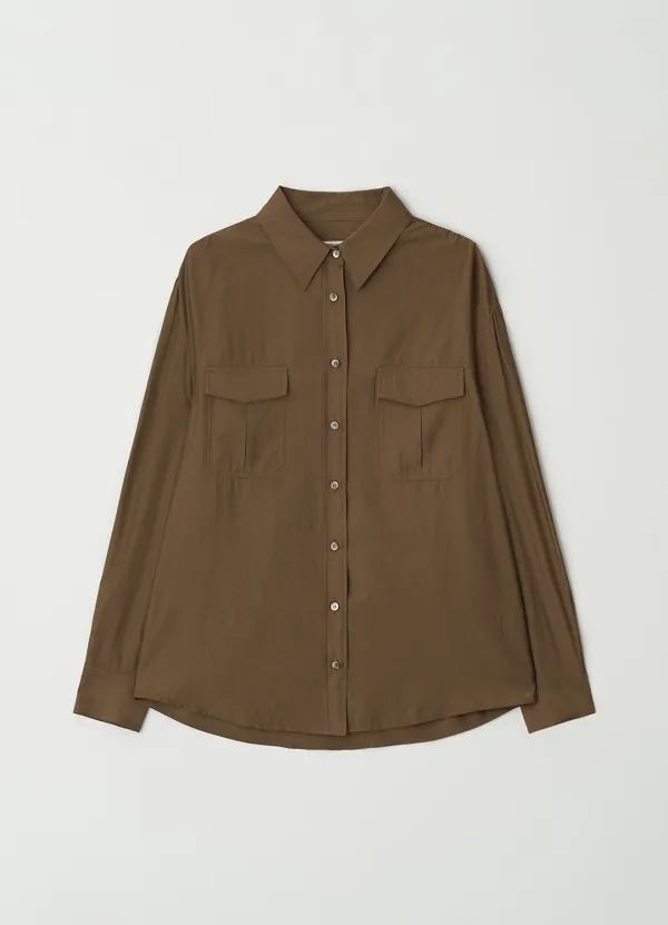 Double pocket shirring shirt_BROWN