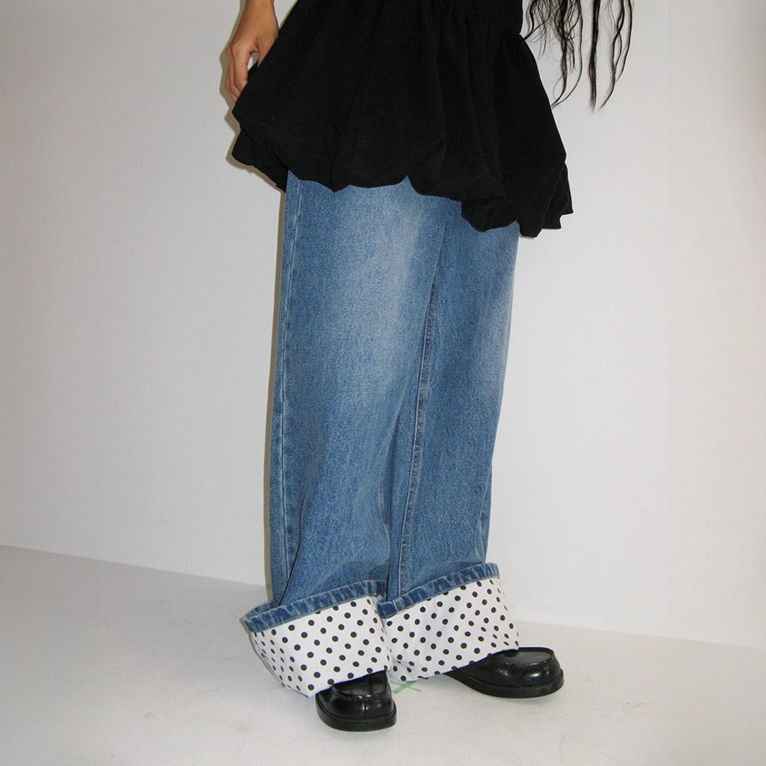 론론 PATCH ROLL UP DENIM PANTS WHITE DOT 상품 이미지 2