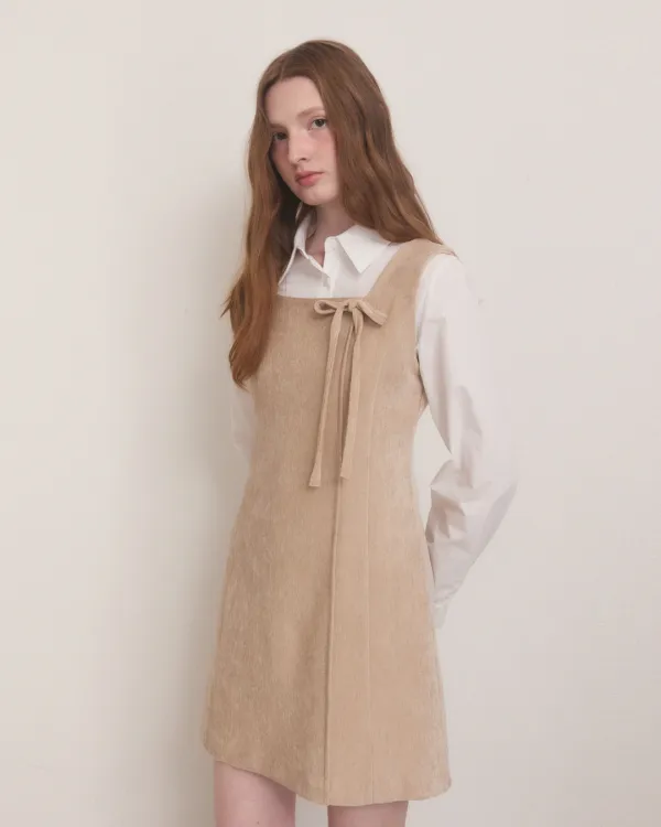 Velvet belted mini dress - beige