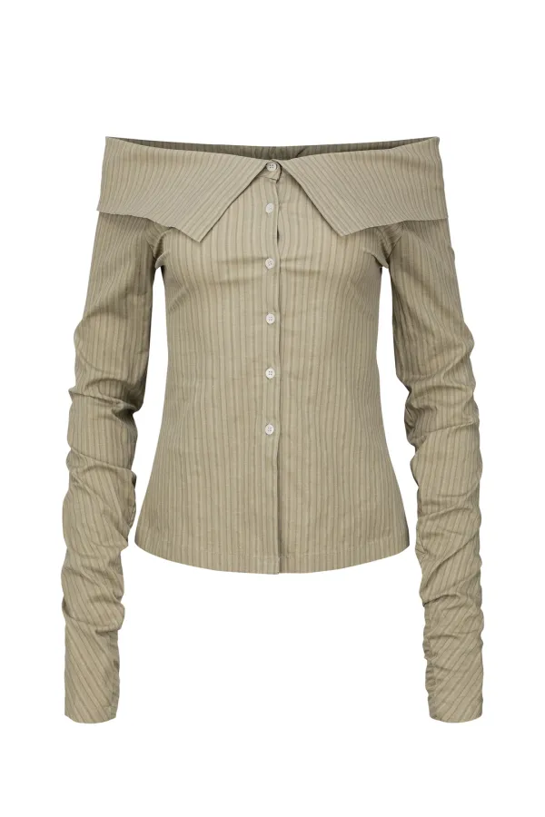 STRIPED OFF SHOULDER SHIRT KHAKI BEIGE