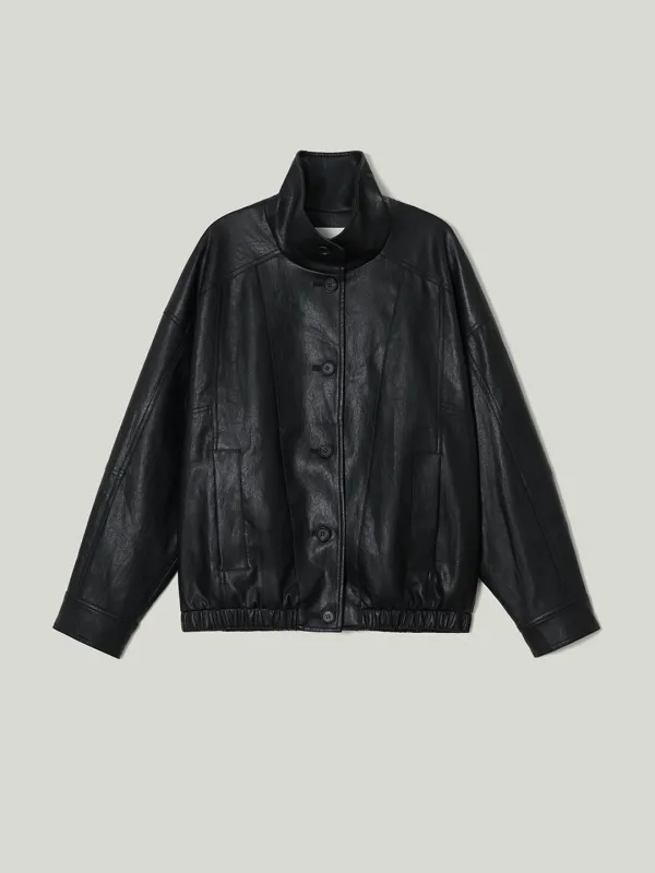 High-Neck Leather Blouson Jumper Black