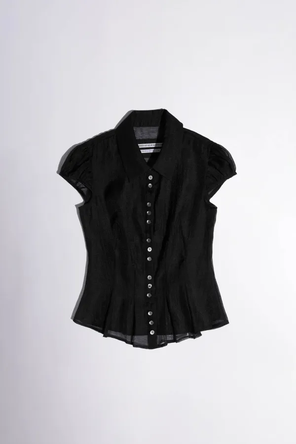 Sheer Pleated Hem Blouse Black