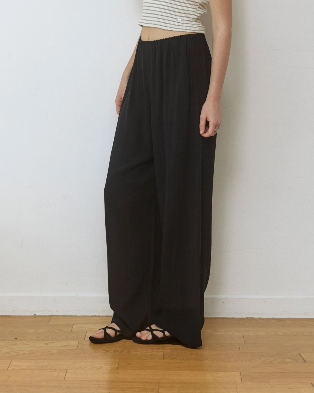 어다울 Linen hidden banding wide pants - black 상품 이미지 2
