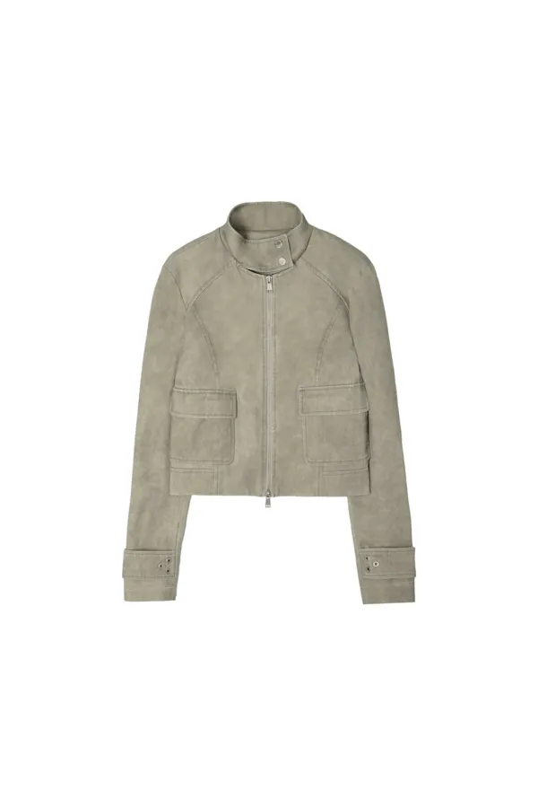 WASHED SLIM BIKER JUMPER IN LIGHT KHAKI