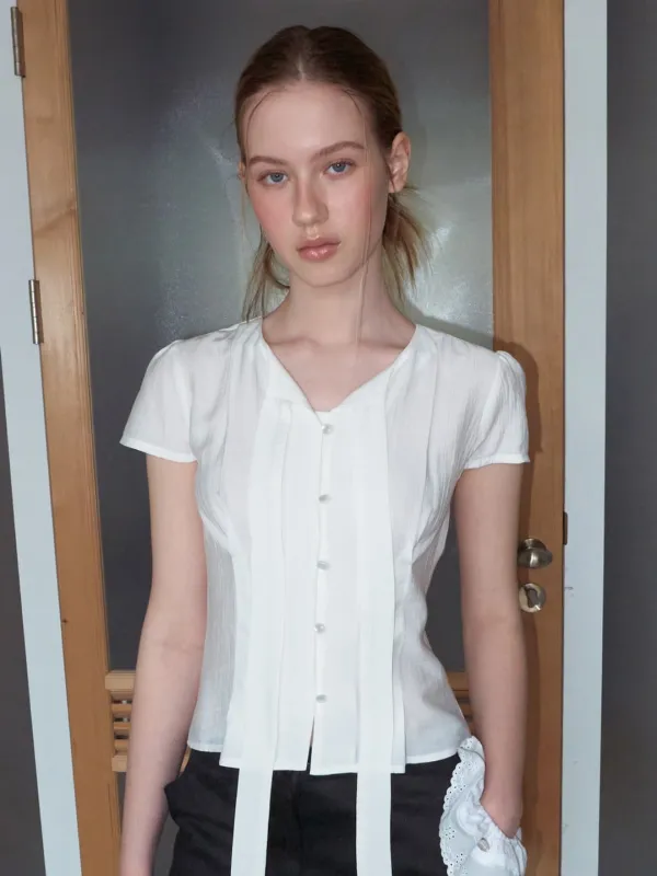 Tie Pintuck Half Blouse, Ivory