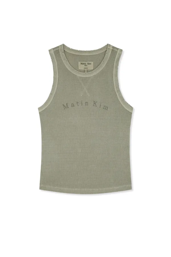 DISTRESSED SLEEVELESS LOGO TOP IN BEIGE