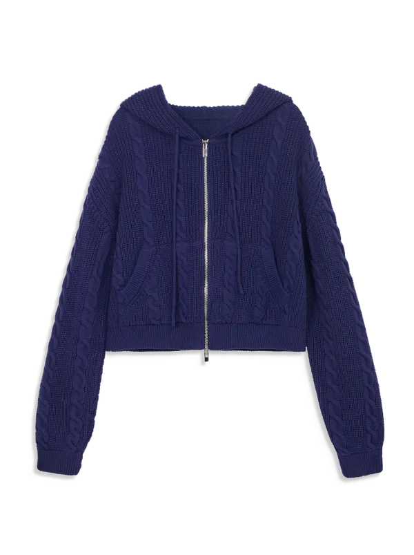 CABLE KNIT ZIP UP HOODIE (NAVY)