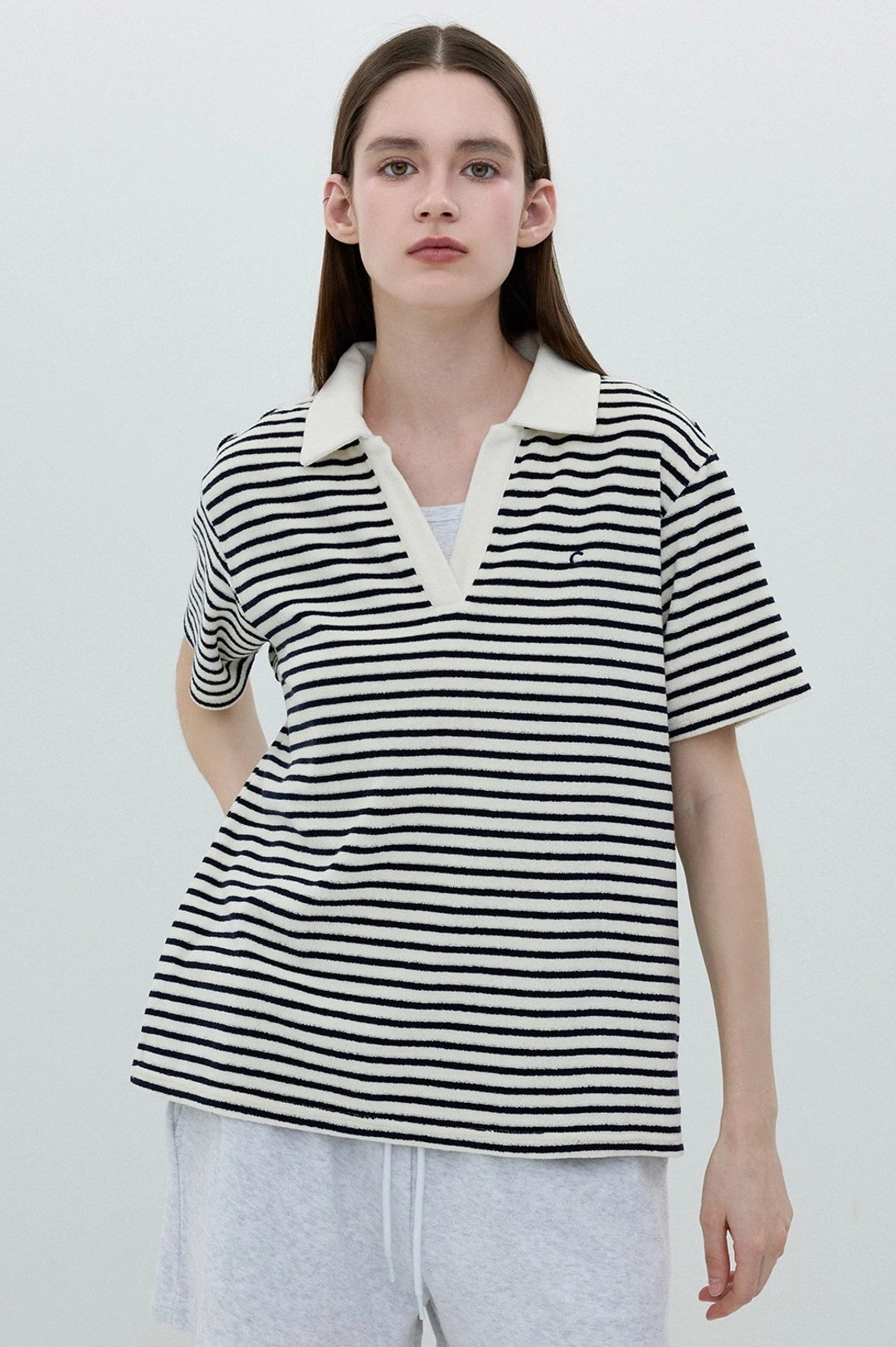 클로브 [25SS clove] Stripe Terry Open Collar T-Shirt (Dark Navy) 상품 이미지 1