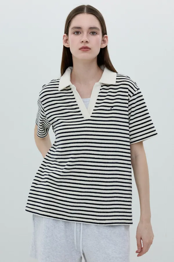 [25SS clove] Stripe Terry Open Collar T-Shirt (Dark Navy)