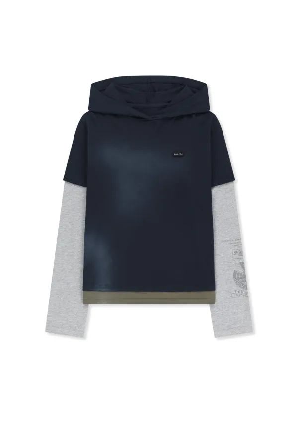 DUST WASHED LAYERED HOOD TOP IN NAVY