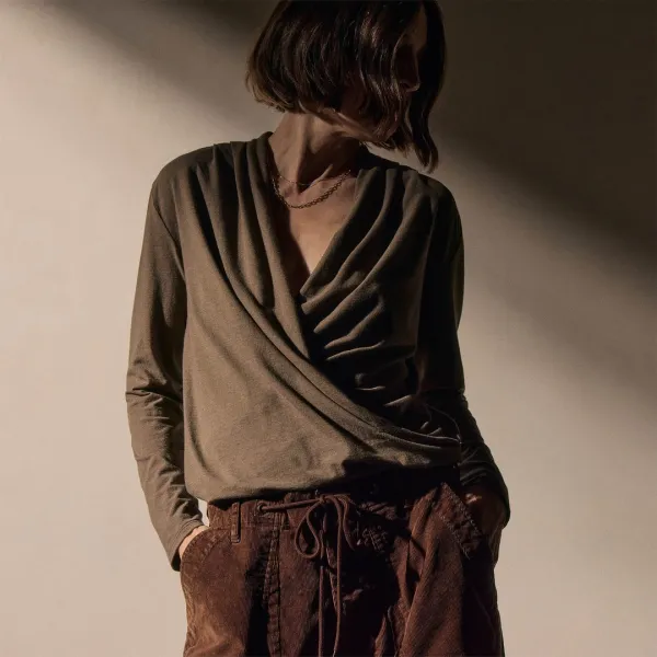 Melange Jersey Drape Front Top - Caribou