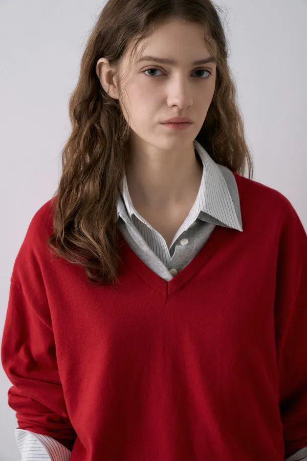 V-Neck Collar Layered Knit[LMBFSPKN304]-Scarlet Red