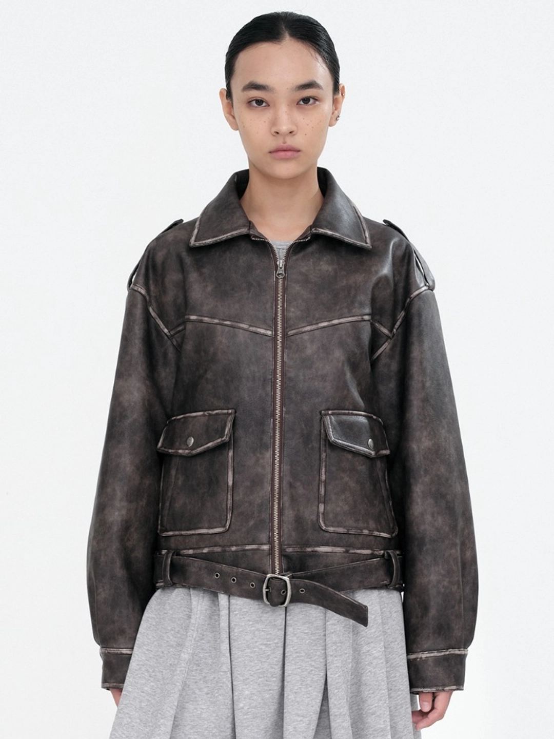 밀로 우먼 Belted Leather Jacket [Brown] 상품 이미지 1