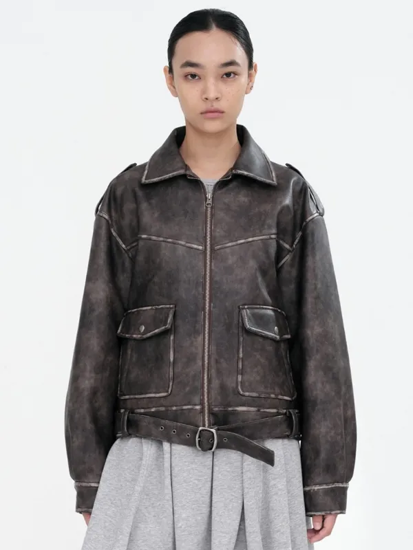Belted Leather Jacket [Brown]