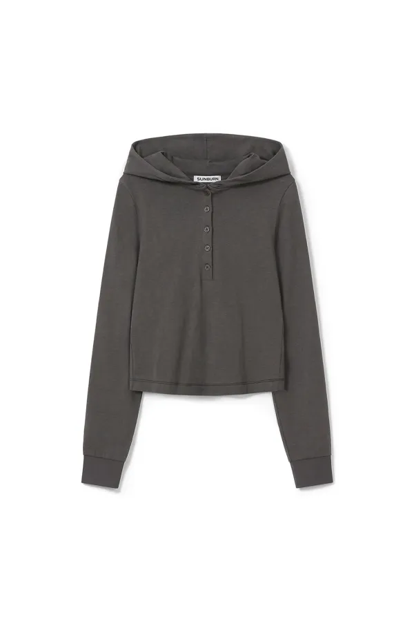 BUTTON UP HOODIE LONG SLEEVE TOP, CHARCOAL