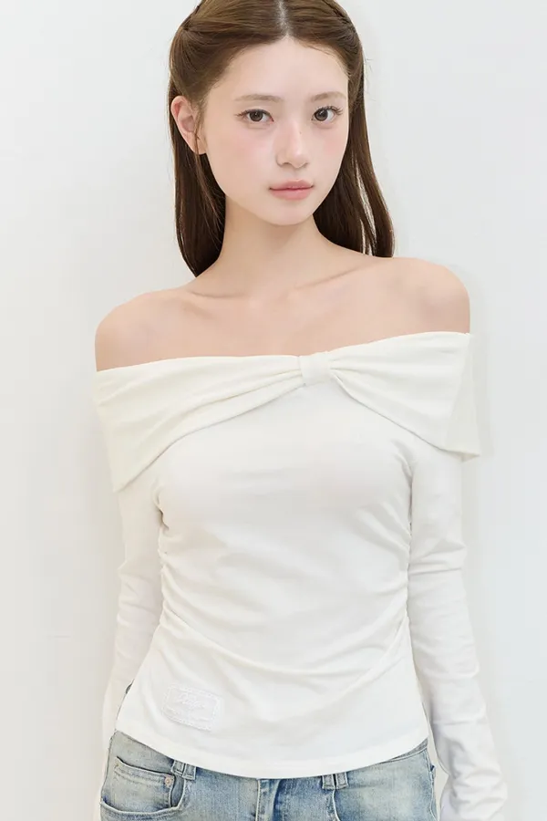 보우 오프숄더 롱슬리브 화이트