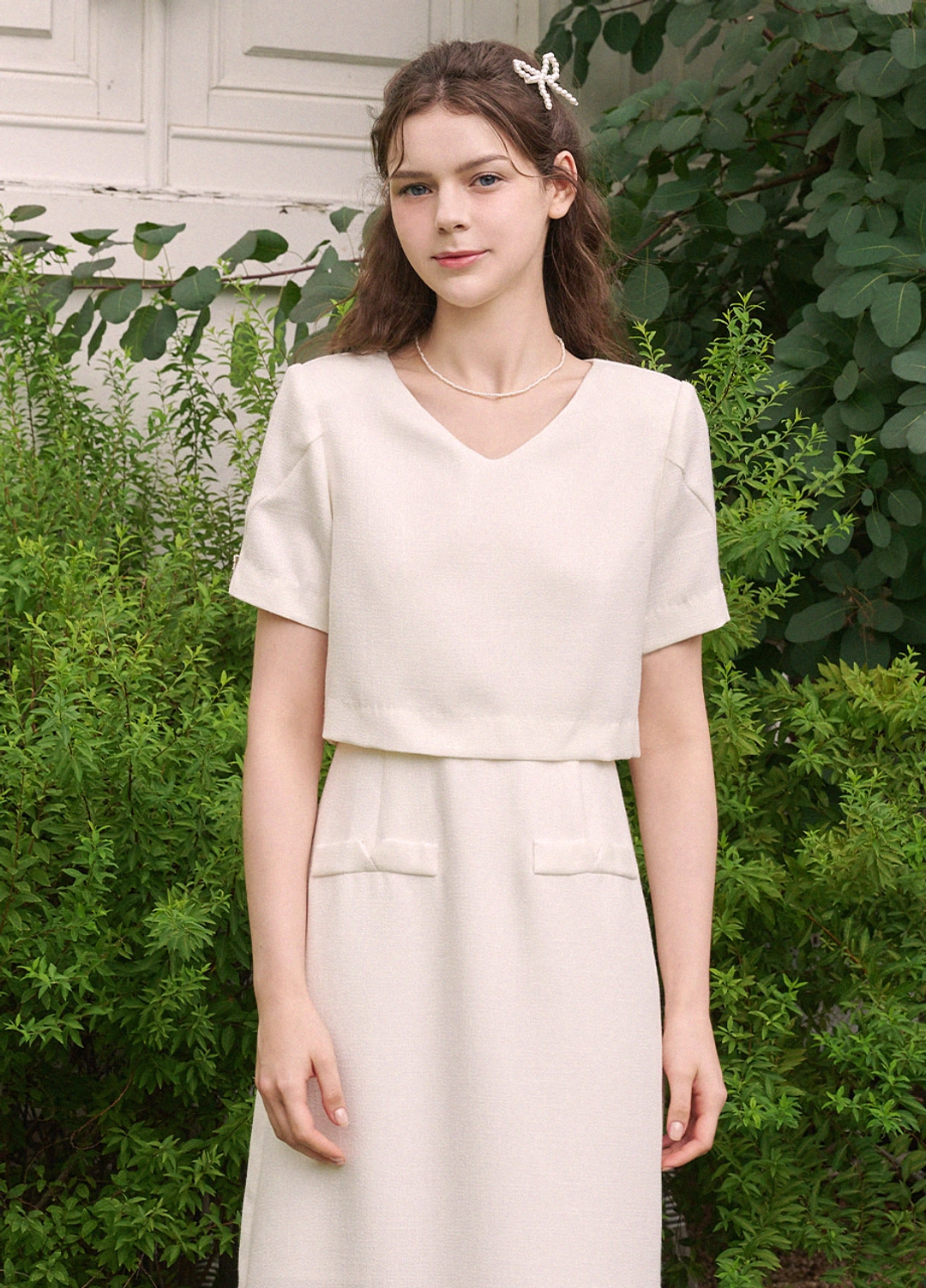 미케네 [44-120]  Brunnera M-Point Tweed Long Dress  브루네라 엠-포인트 트위드 롱 드레스 (여름-하객룩-격식룩-오피스룩-출근룩-미팅룩-브이넥-트위드-페미닌-원웨이원피스-빅사이즈-자체제작) 상품 이미지 1