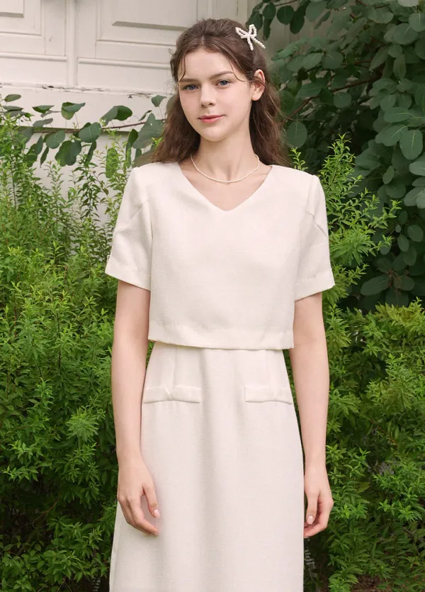 [44-120]  Brunnera M-Point Tweed Long Dress  브루네라 엠-포인트 트위드 롱 드레스 (여름-하객룩-격식룩-오피스룩-출근룩-미팅룩-브이넥-트위드-페미닌-원웨이원피스-빅사이즈-자체제작)