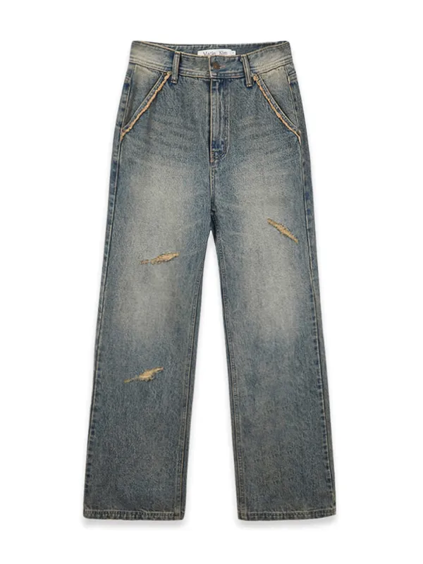 SEMI BOOTS CUT WASHED DENIM PANTS IN BLUE