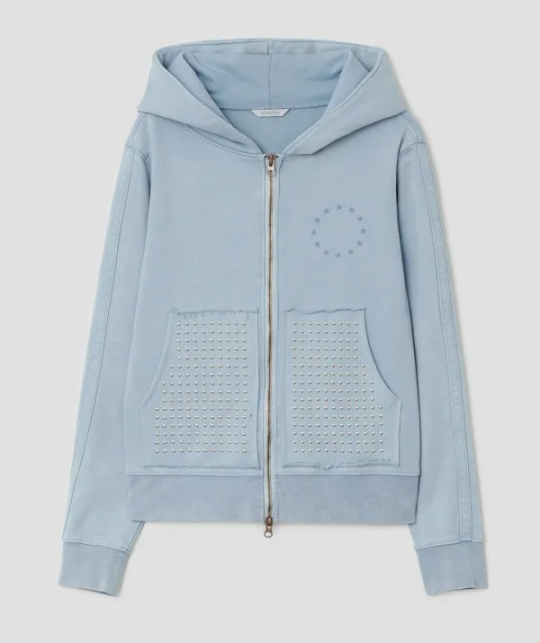 Washed Rhinestone Zip Hoodie [Blue]