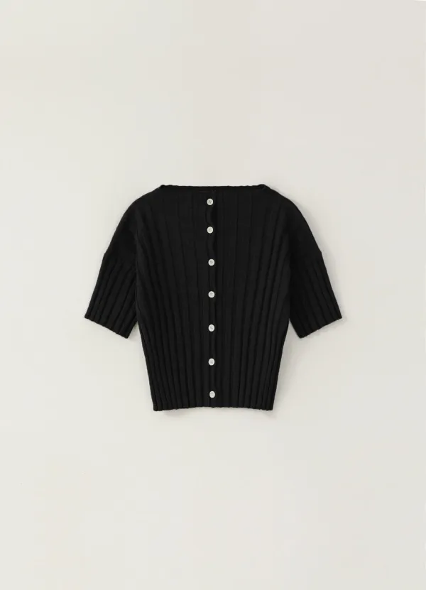 Boat-neck Ribbed Cardigan - Black
