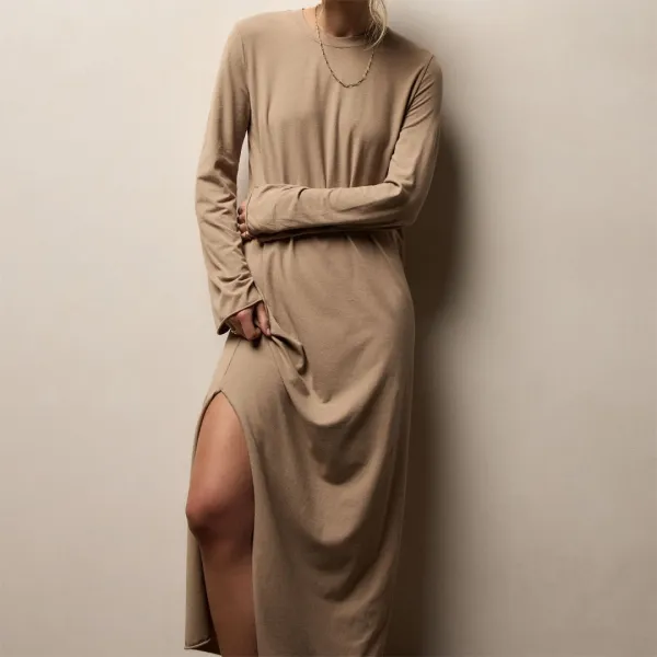 Melange Jersey Long Sleeve Dress - Coffee