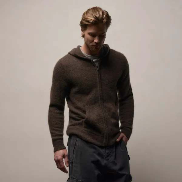 Lightweight Textured Cashmere Knit Zip Up Hoodie - Bark