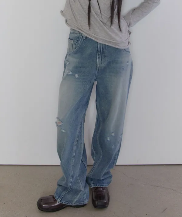 Distressed Panel Denim Pants [Blue]