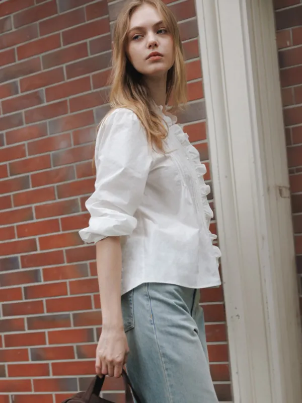Frill V-Neck Pin Tuck Blouse Ivory