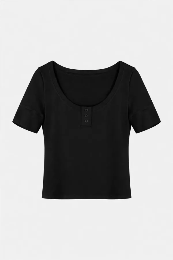Button Scoop Neck Top _ Black