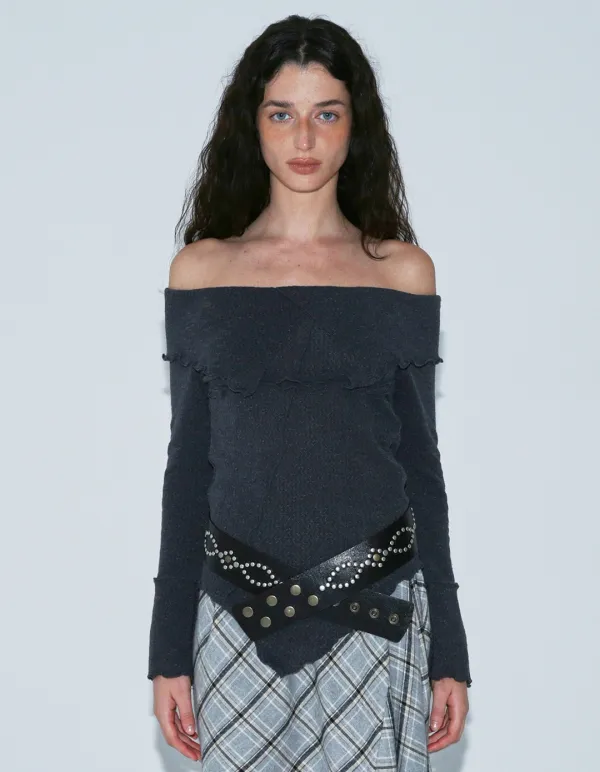 GRUNGED OFF-SHOULDER SWEATER, CHARCOAL
