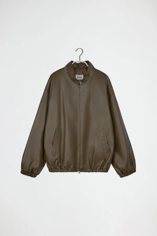 HIGH NECK LEATHER BLOUSON - KHAKI