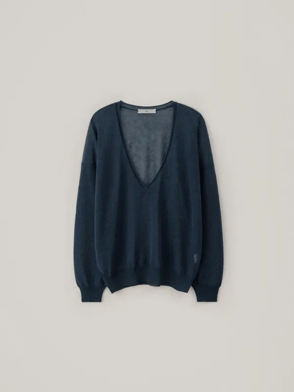 Linen Deep V-Neck Knit - Deep Blue
