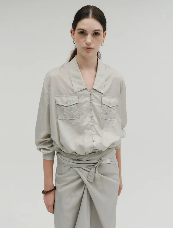 POCKET BUTTON GLOSSY SHIRTS [BEIGE]