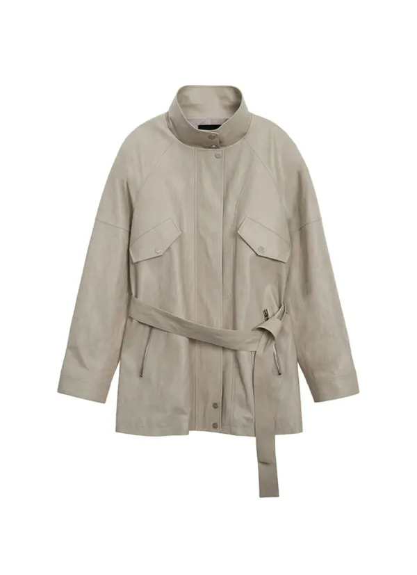 Distressed Leather Set-up Jumper [ Beige ]