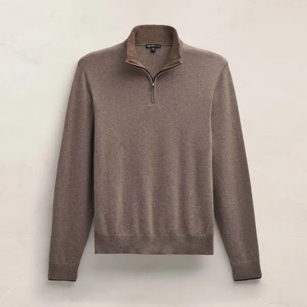 Half Zip Cashmere Funnel Neck - Warm Brown/Mid Brown